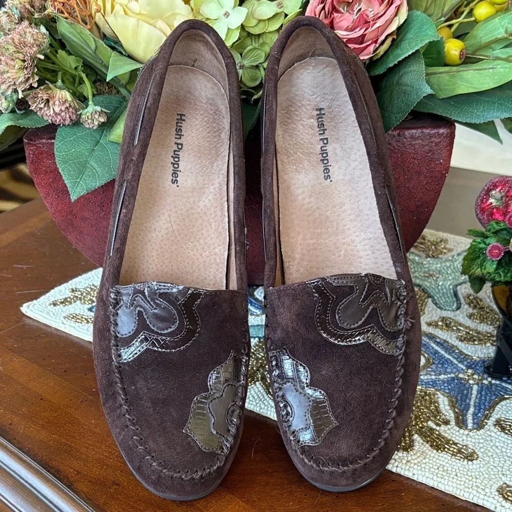 Hush Puppies Genuine Suede Regent Chocolate Brown Slip On Loafers Floral Flats